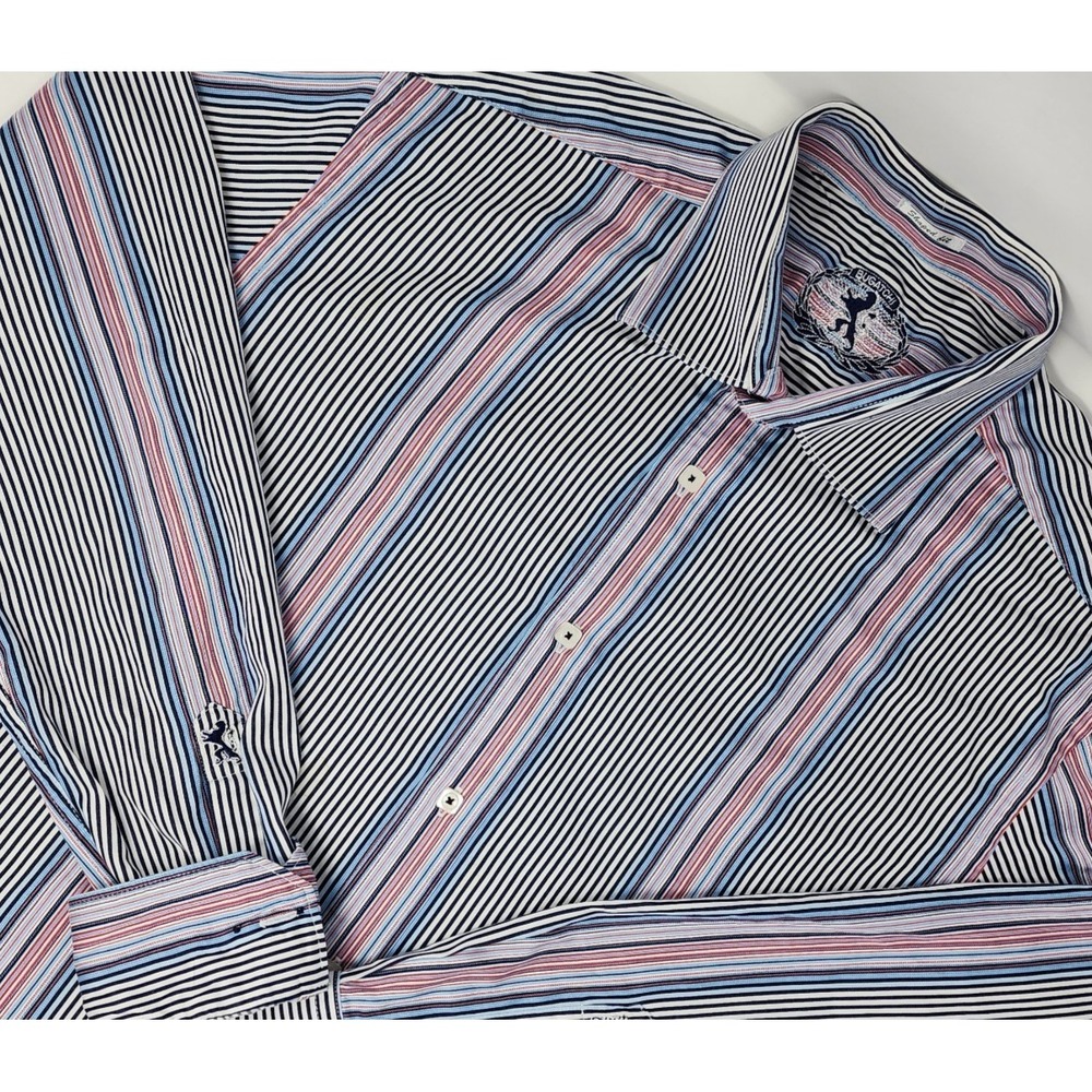 Bugatchi Men's Button Down L/S Shirt Sz Large Multicolor Striped Shaped Fit EUC